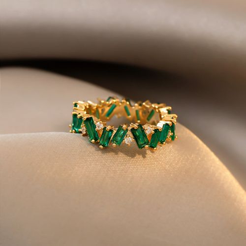 Gold Plated Green CZ Ring, Geometric Ring, CZ Jewelry, Green Ring | HR528